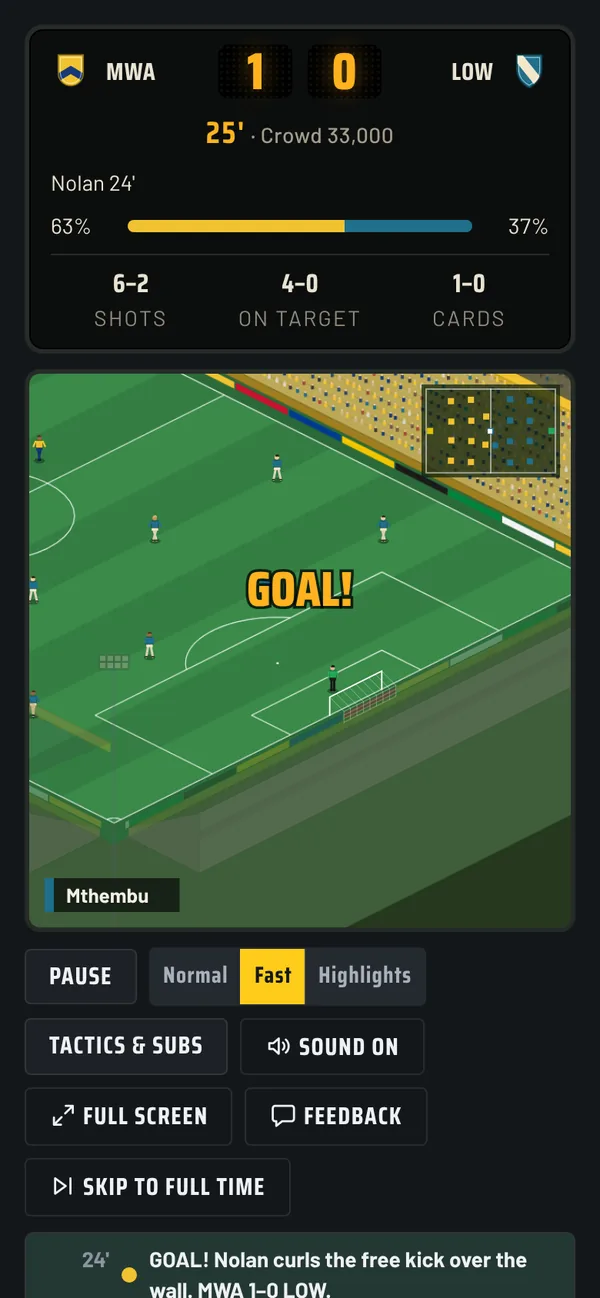 The live match on a phone: 1-0 after 25 minutes, with GOAL! over the pitch.