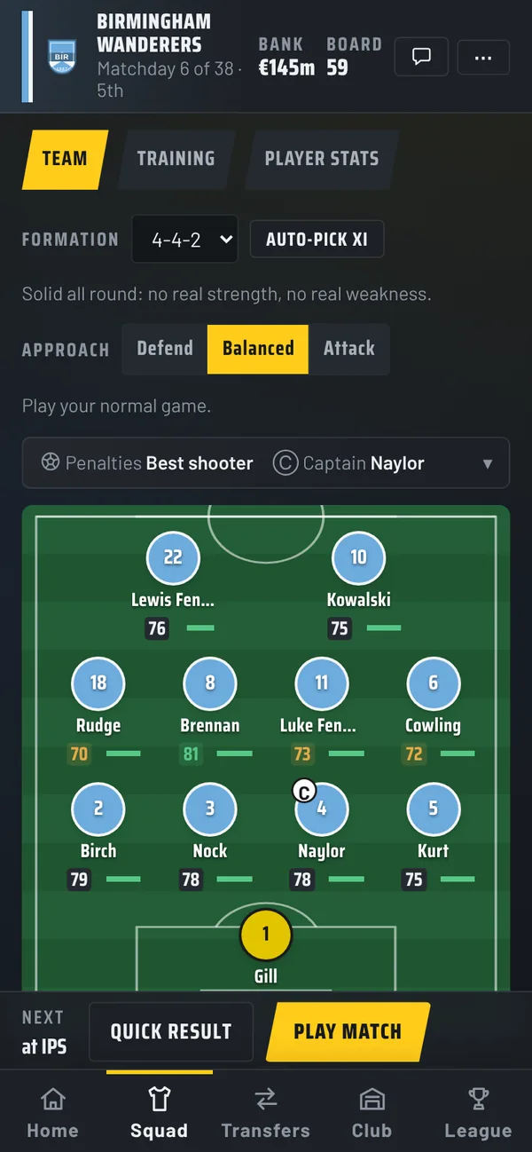 The Team screen: a 4-4-2 on the pitch, with the approach set to Balanced.
